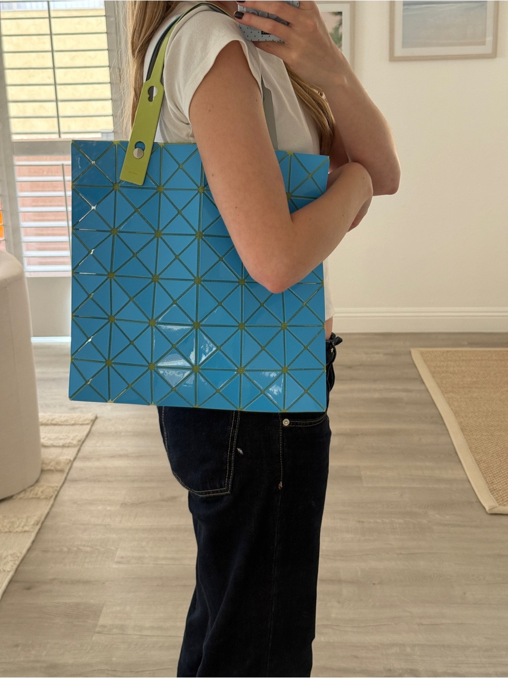 Issey Miyake Bao Bao Limited Edition Blue Geometric Tote with Lime Strap